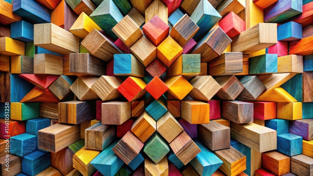 Poster a colorful, abstract, geometric composition of wooden blocks, showcasing a spectrum of hues, texture