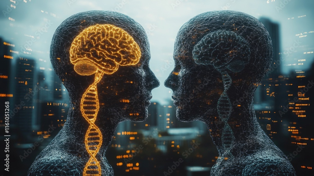 Poster digital human brain connection with dna helix and neural networks