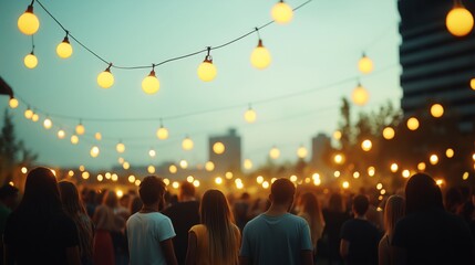DJ performing in an urban rooftop garden surrounded by greenery against a vibrant city skyline at sunset