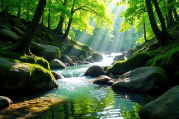 Crystal clear stream flows through lush green forest, springtime sun dappling leaves , spring, flora, trees