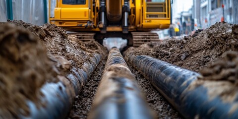 Low angle perspective showcasing horizontal directional drilling technology in action. The drilling machine is engaged in the trenchless installation of pipelines, highlighting the efficiency of
