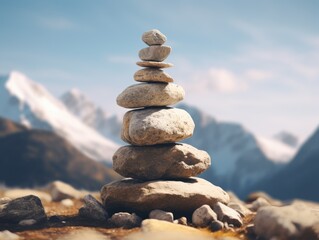 Stack of rocks on mountain peak, symbolizing strength and balance.