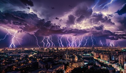 Dramatic city skyline under powerful thunderstorm with intense lightning.