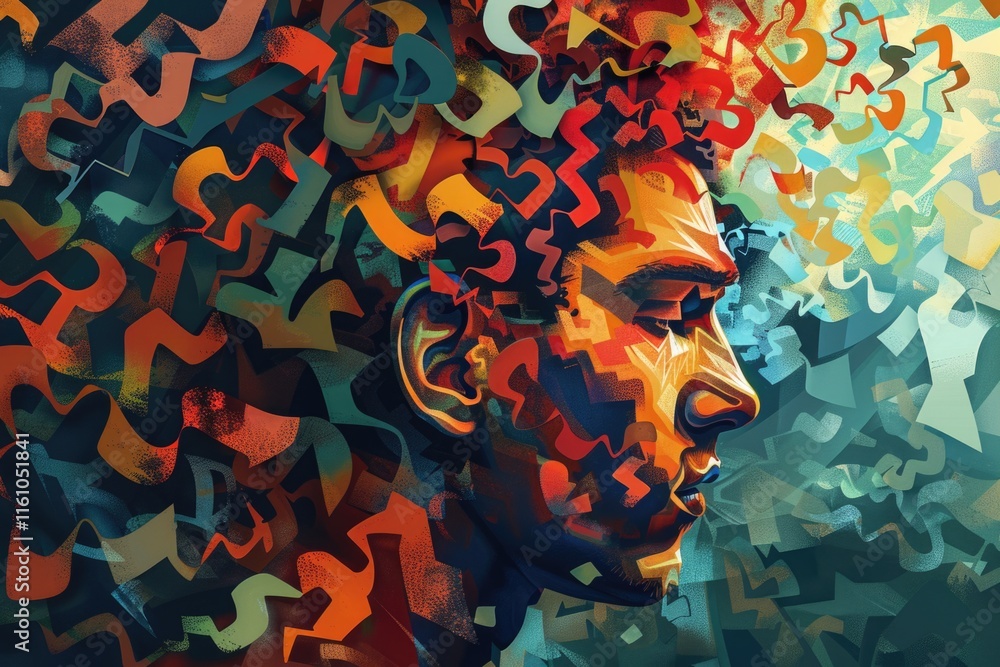 Poster an abstract and colorful artwork featuring a human face. the piece uses geometric shapes to create a