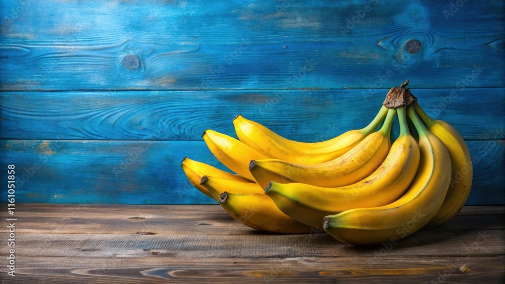 Poster a vibrant bunch of ripe bananas resting on a rustic wooden surface, set against a backdrop of weathe