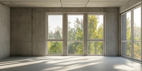 Fototapeta premium Unfinished interior of an apartment highlights gray concrete walls and double glazed windows in a residential building, showcasing elements of a housing renovation program during construction.