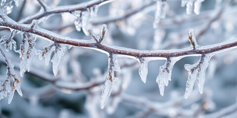 Frozen tree branches covered in ice illustrate the impact of heavy ice load on trees, showcasing the potential damage caused by ice accumulation on tree branches in winter conditions.