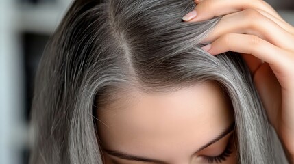 Fototapeta premium Close-Up of a Person's Hand Running Through Long, Silvery Hair