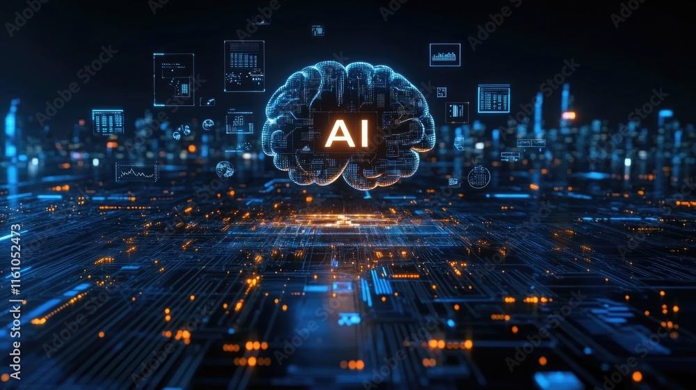 Poster futuristic ai brain in digital cityscape with neural network technology