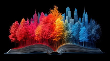 Vibrant forest emerges from open book with city skyline background