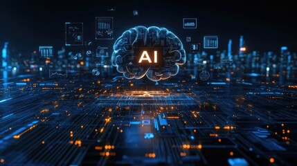 Futuristic ai brain in digital cityscape with neural network technology