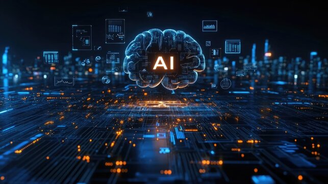 Futuristic ai brain in digital cityscape with neural network technology