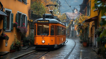 Orange vintage tram on cobblestone street in autumn.