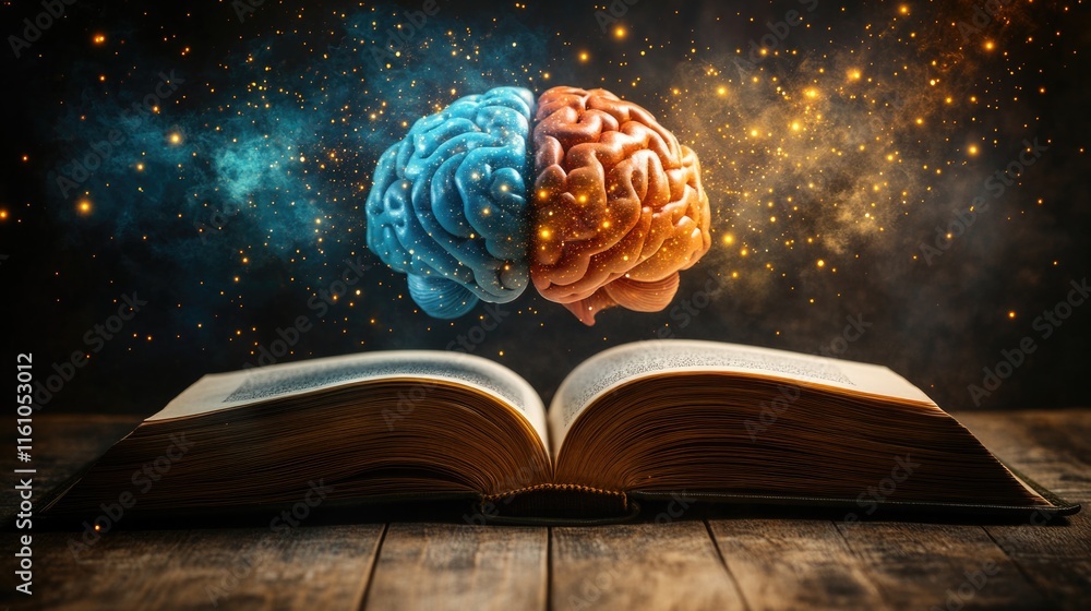 Poster open book and floating brain symbolizing knowledge and imagination