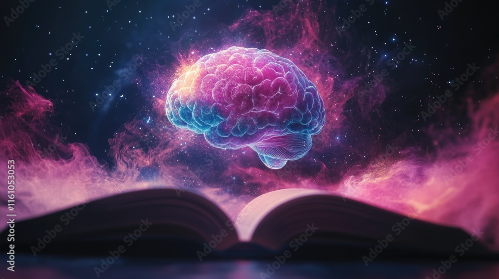 Poster imaginative brain and open book in surreal cosmic scene with neon colors