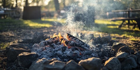 Coals from a campfire on the ground create an inviting atmosphere, with smoke rising and a barbecue nearby, showcasing a focus on ecology and the enjoyment of outdoor gatherings.