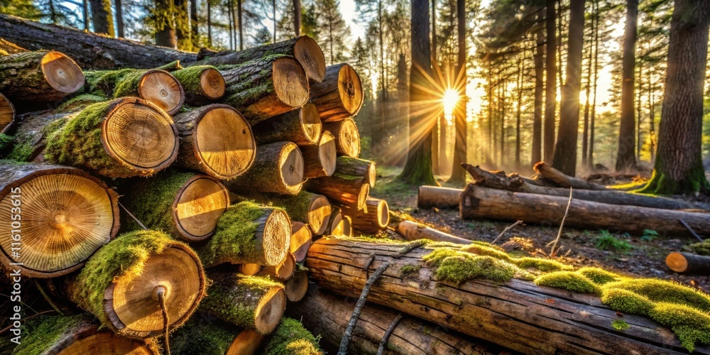 Poster a stack of felled logs covered in moss bathed in the golden glow of the morning sun in a forest sett