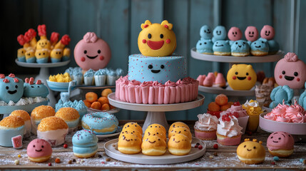 colorful display of emoji themed desserts, including variety of doughnuts, cupcakes, and centerpiece cake, all decorated with cheerful faces and vibrant pastel colors
