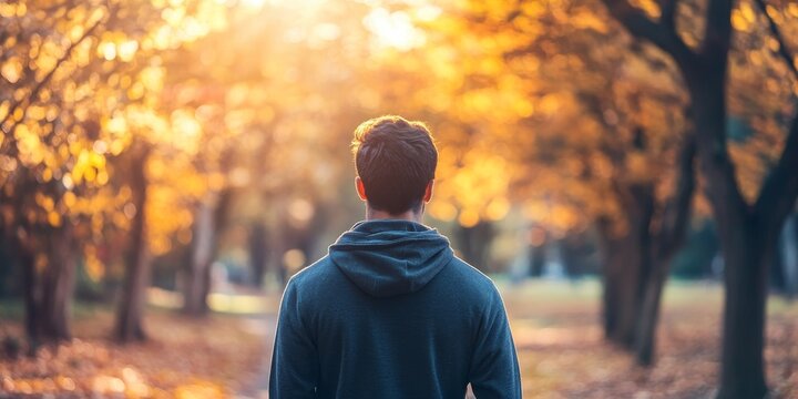 Day walk of a young man enjoying his time in a park setting, showcasing the experience of mindfulness and tranquility often associated with a psychiatric clinic environment.