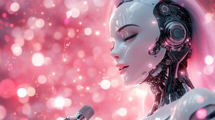 Futuristic cybernetic woman singing with lights