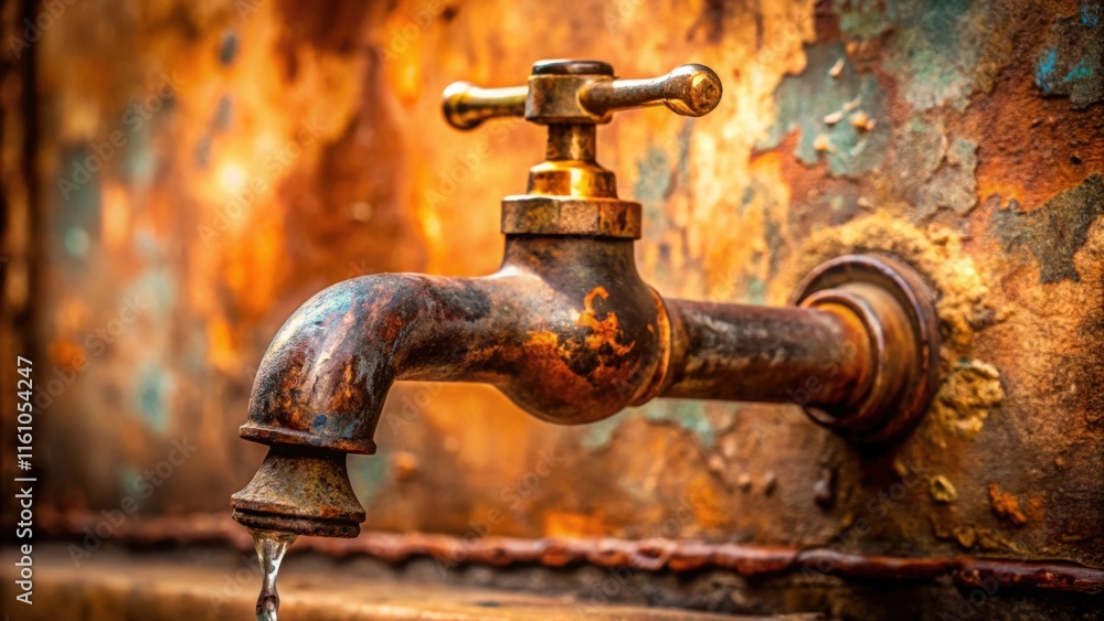 Poster a weathered brass faucet with a slow drip of water against a backdrop of rust and patina
