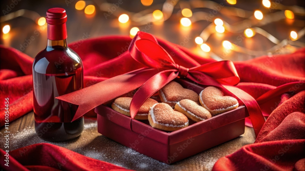 Poster a bottle of red wine and a red box with a ribbon tied around it, filled with heart-shaped cookies, s