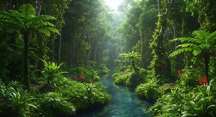 Obraz premium Lush tropical forest teeming with vibrant green plants, trees, and ferns. A cool stream flows through.