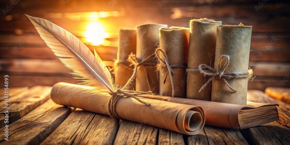 Poster Ancient scrolls tied with twine and a quill pen resting on a weathered wooden table, bathed in the warm glow of sunset light