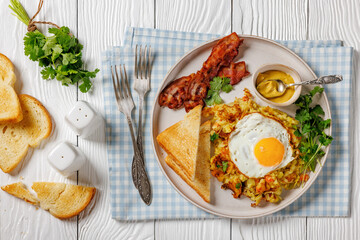 Bubble and Squeak with bacon, toasts, fried egg