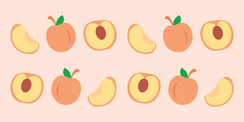Peaches set. Juicy Cute peach fruit. Simple flat doodle.