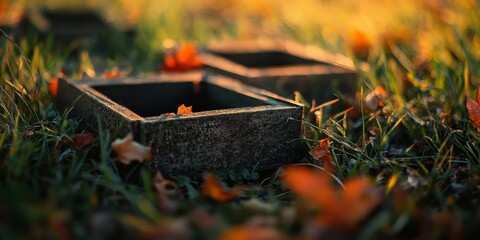 Macro shot of empty seed boxes surrounded by autumn grass, showcasing the intricate details of macro photography in a natural setting with vibrant autumn grass.