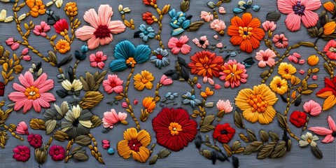 Floral embroidery created with intricate backstitch techniques showcases vibrant designs on a grey wool fabric, highlighting the art of floral embroidery in a stunning textile layout.