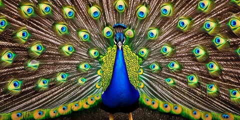 Obraz premium Beautiful peacock bird showcasing its stunning feathers, creating a vibrant background. The peacock bird stands out as an exquisite example of nature s beauty in the animal kingdom.