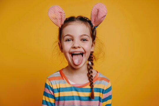 A cheerful little girl wearing her favorite character's ears, making a playful face with her tongue out.