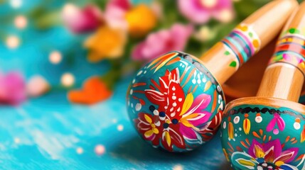 Vibrant hand-painted maracas on colorful floral background Happy Cinco de mayo
