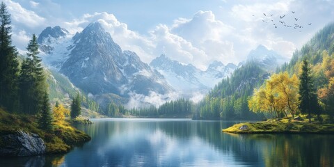 Obraz premium Serene mountains and stunning lake scenery create a picturesque view, showcasing the natural beauty of mountains and lake scenery in a tranquil setting perfect for relaxation.
