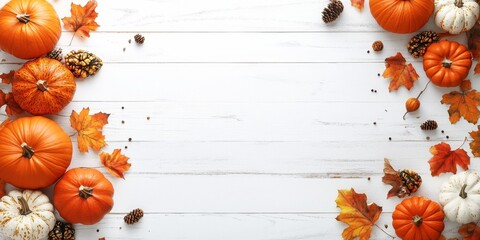 Celebrate the autumn harvesting scene with this top down image featuring ripe pumpkins and classic fall items on a white wood background, allowing for additional text or adverts to enrich the autumn