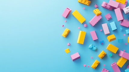 Falling plastic brick background 3D vector illustration of popular childrens construction toy pieces