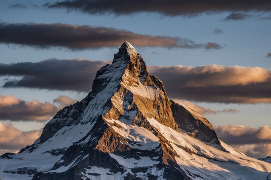 Majestic Mountain Peak at Sunset: A stunning panoramic view of a snow-capped mountain peak bathed in the golden light of the setting sun, with dramatic clouds creating a breathtaking backdrop.  