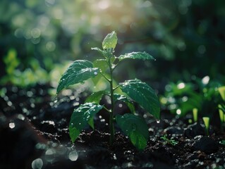 A young plant growing amidst raindrops, with sunlight streaming down.