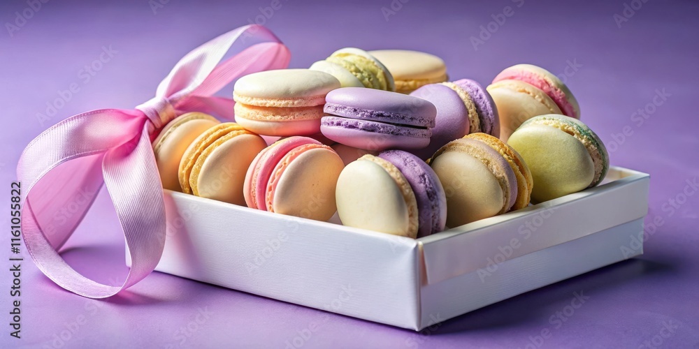 Poster a delicate assortment of pastel macarons arranged in a white box adorned with a vibrant pink ribbon,