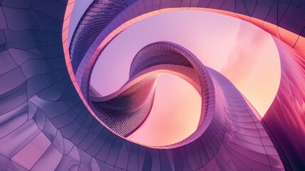 Curving, metallic structure with vibrant sunset sky.