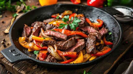 Appetizing meat dish with colorful vegetables on a wooden table