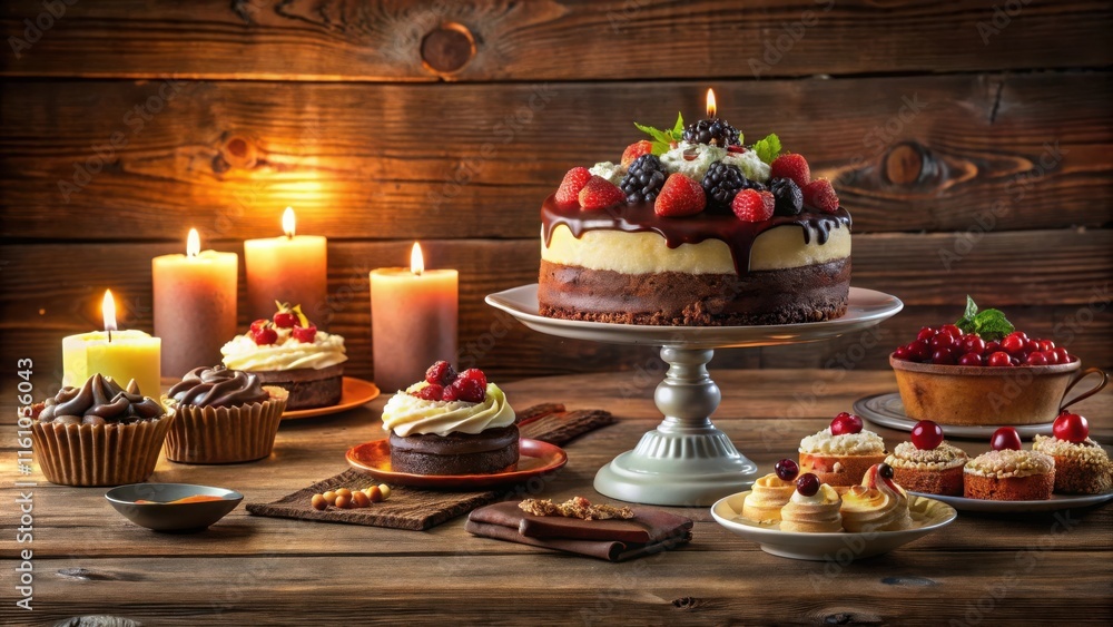 Poster a table full of sweet treats and candles, with chocolate and berry-topped cakes on display, creating