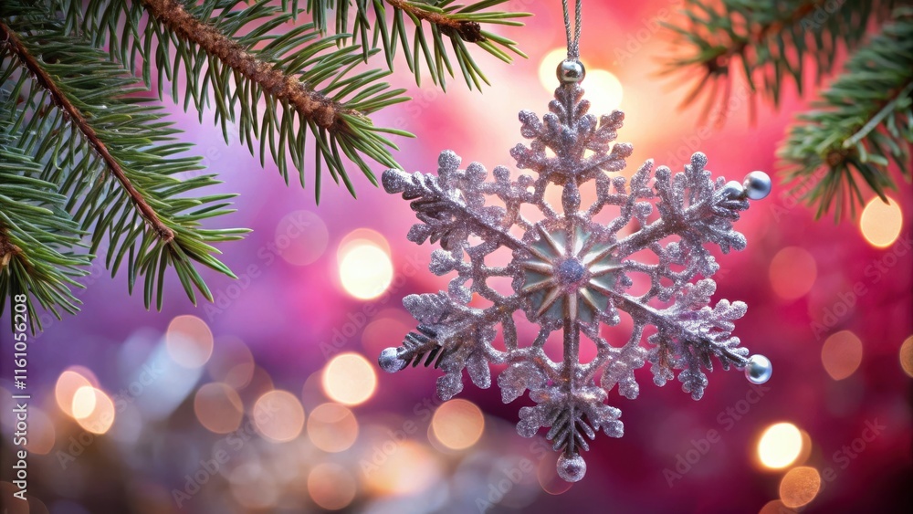 Poster a sparkling silver snowflake ornament hangs from a pine branch against a background of blurred pink 
