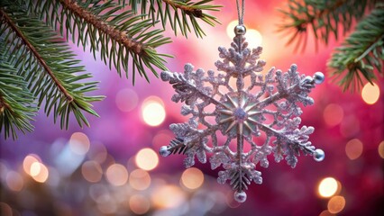 A sparkling silver snowflake ornament hangs from a pine branch against a background of blurred pink and gold lights.