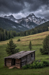 Obraz premium Secluded Mountain Cabin: A rustic wooden cabin stands solitary in a lush green meadow, dwarfed by majestic snow-capped peaks under a dramatic stormy sky.