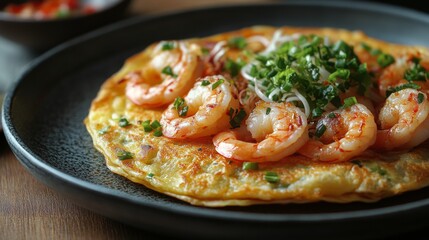 Shrimp omelet served on a plate with fresh vegetables in a vibrant dining setting