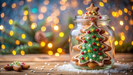 A festive gingerbread Christmas tree cookie encased in a glass jar, adorned with colorful sprinkles, resting on a wooden table with sparkling lights in the background.