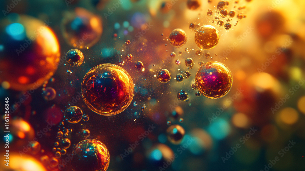 Poster colorful bubbles floating through a vibrant background of light and color